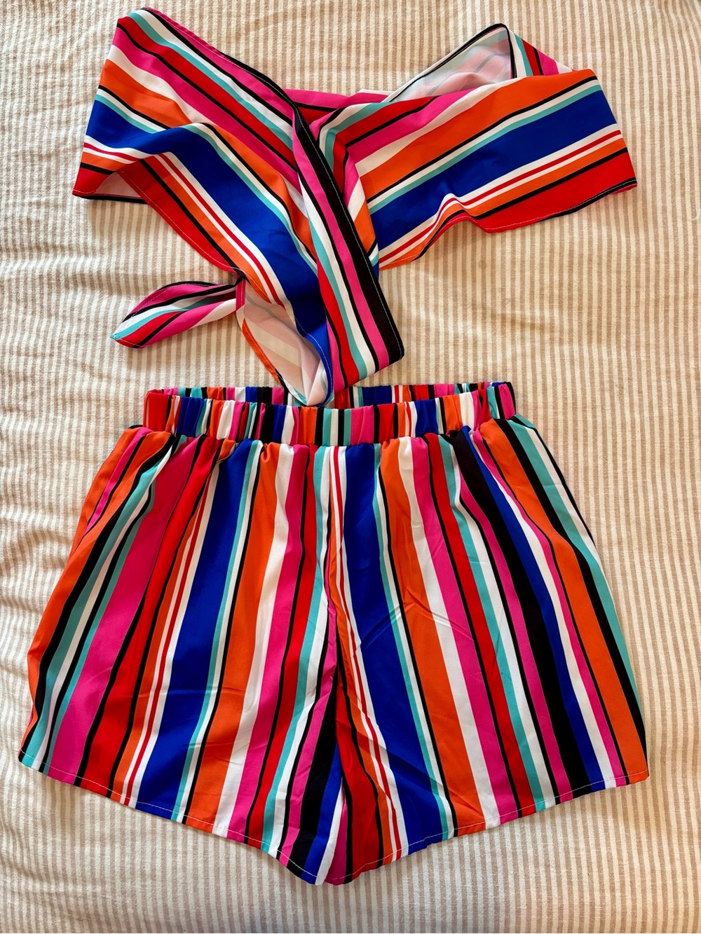 SHEIN Multicolor High Waist Striped Shorts - Pink Blue Orange Black White